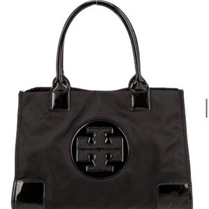 Tory Burch large Ella Patent Leather and Nylon Black Tote Bag